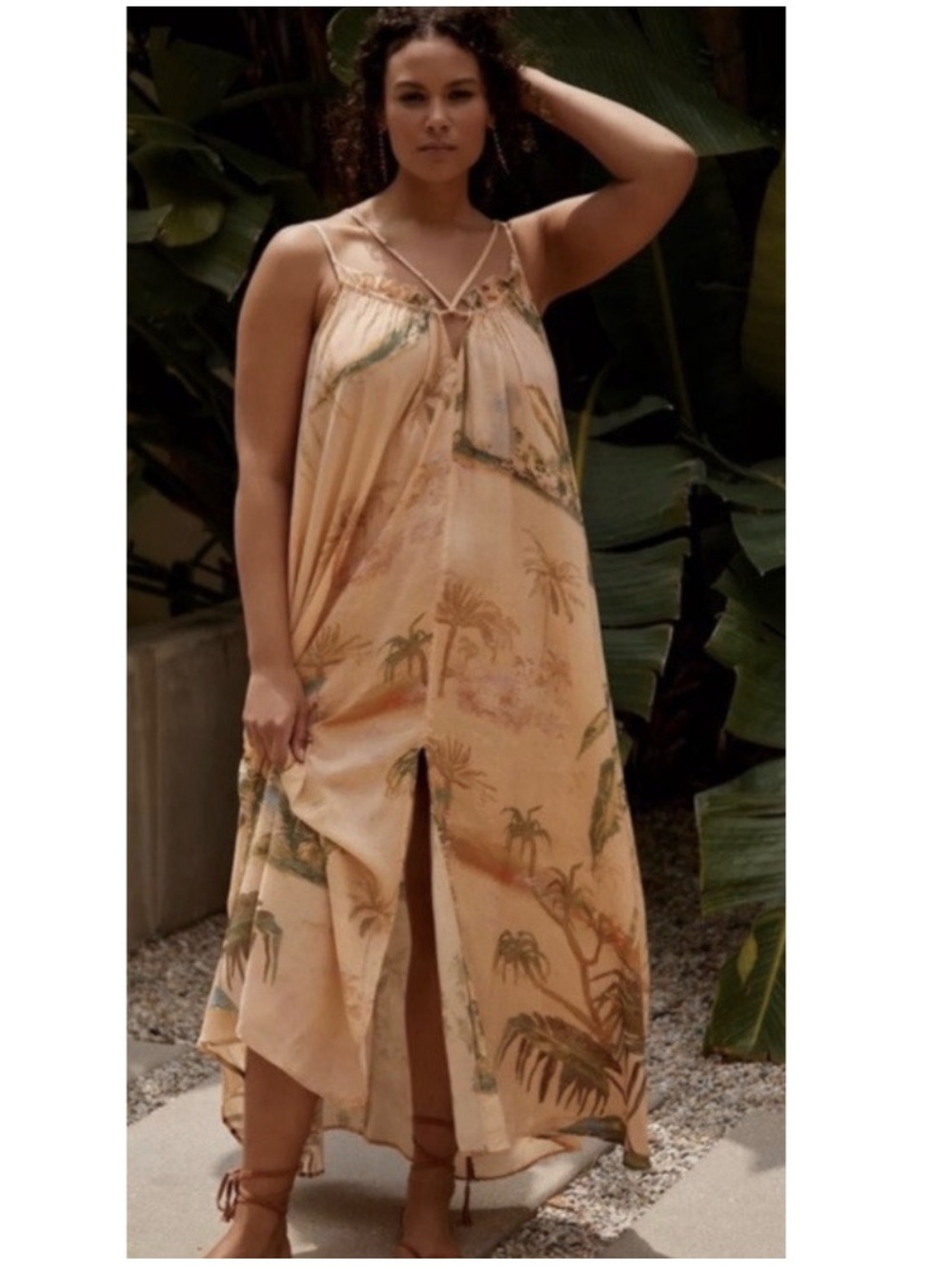 NWT Anthropologie Tahnee Kelland Strappy Tropical Swing Midi Dress Tan Large